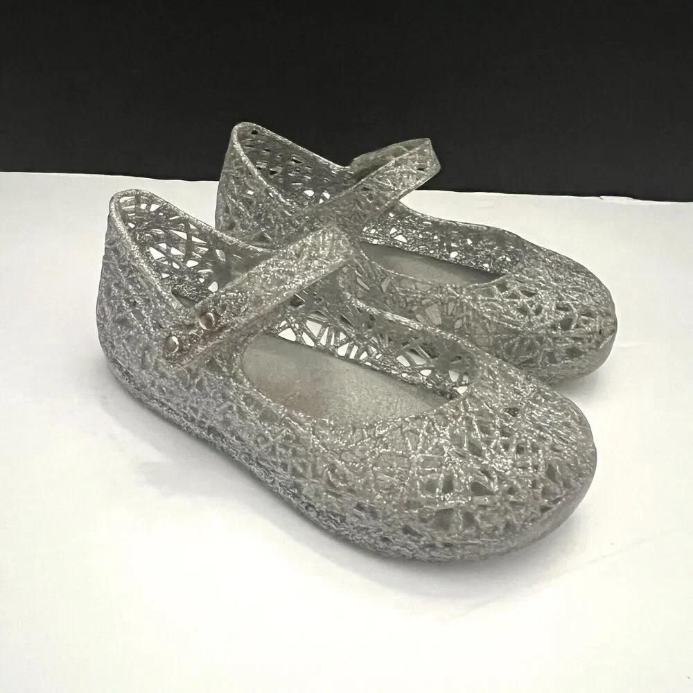 Mini Melissa Shoes Baby Girl 7 Mary Jane Campana Silver Metallic Strap Flat